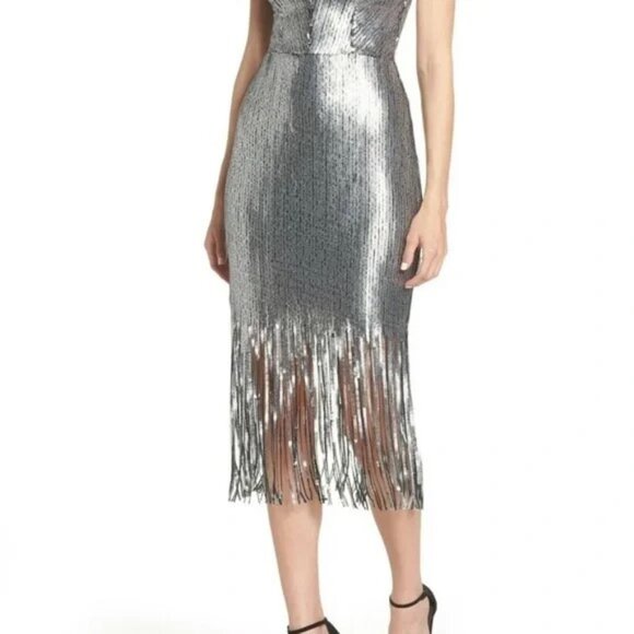 DRESS THE POPULATION Frankie Silver Sequin Fringe Shift Dress szXLG - Picture 4 of 14
